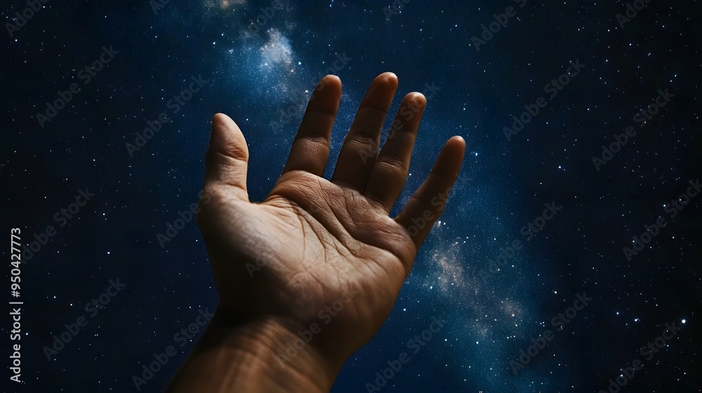 Open Palm: A hand with an open palm up, against a starry night sky.
Open Palm: A hand with an open palm up, against a starry night sky.