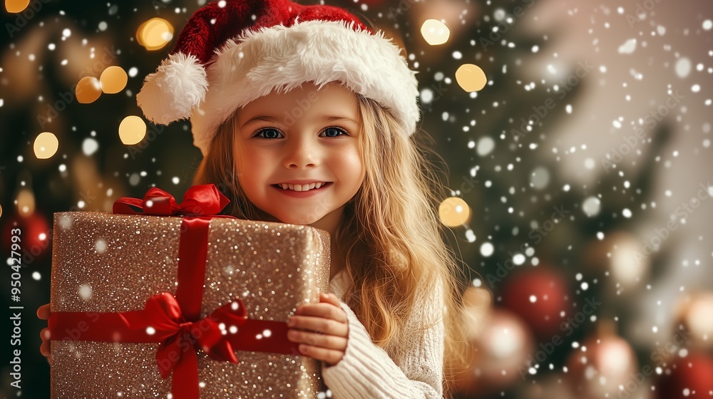 A young girl wearing a festive Santa hat smiles joyfully while holding a beautifully wrapped gift in a cozy holiday setting A young girl wearing a festive Santa hat smiles joyfully while holding a beautifully wrapped gift in a cozy holiday setting