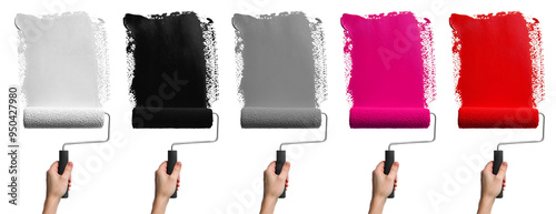 Set of hand painting holding roller brush with streak smear paint colours of black, white, grey, red, pink on transparent cutout PNG. Mockup template for artwork design	
