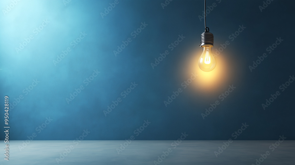 A single light bulb illuminates a blue wall in a dim room A single light bulb illuminates a blue wall in a dim room