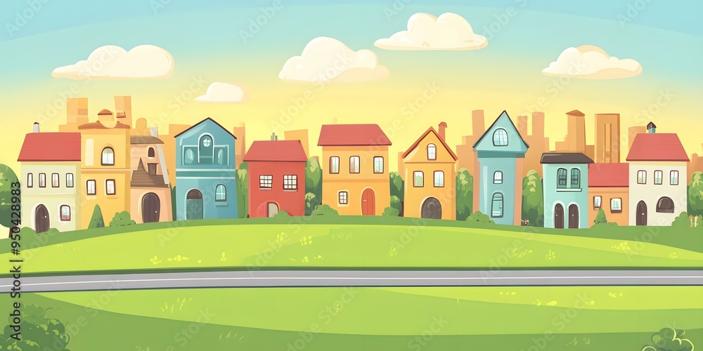 Naklejka premium Cartoon Illustration of a Cute Little Town with Colorful Houses