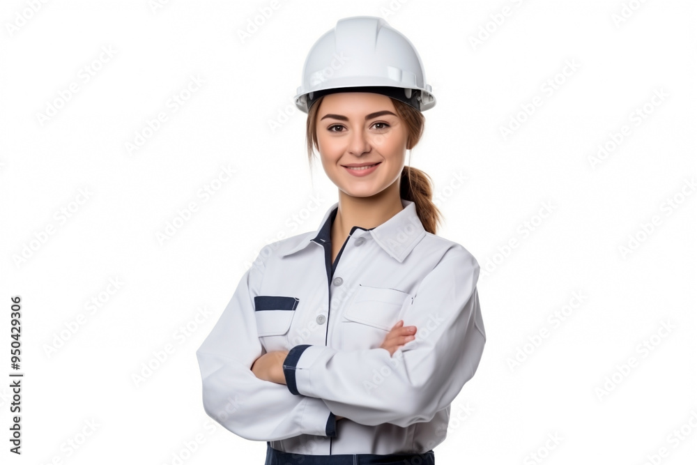 young smiling female worker in white helmet, isolated on white background young smiling female worker in white helmet, isolated on white background