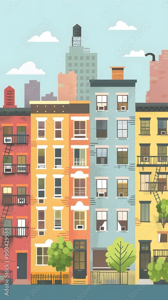 Colorful Row Houses in City Skyline Illustration Colorful Row Houses in City Skyline Illustration