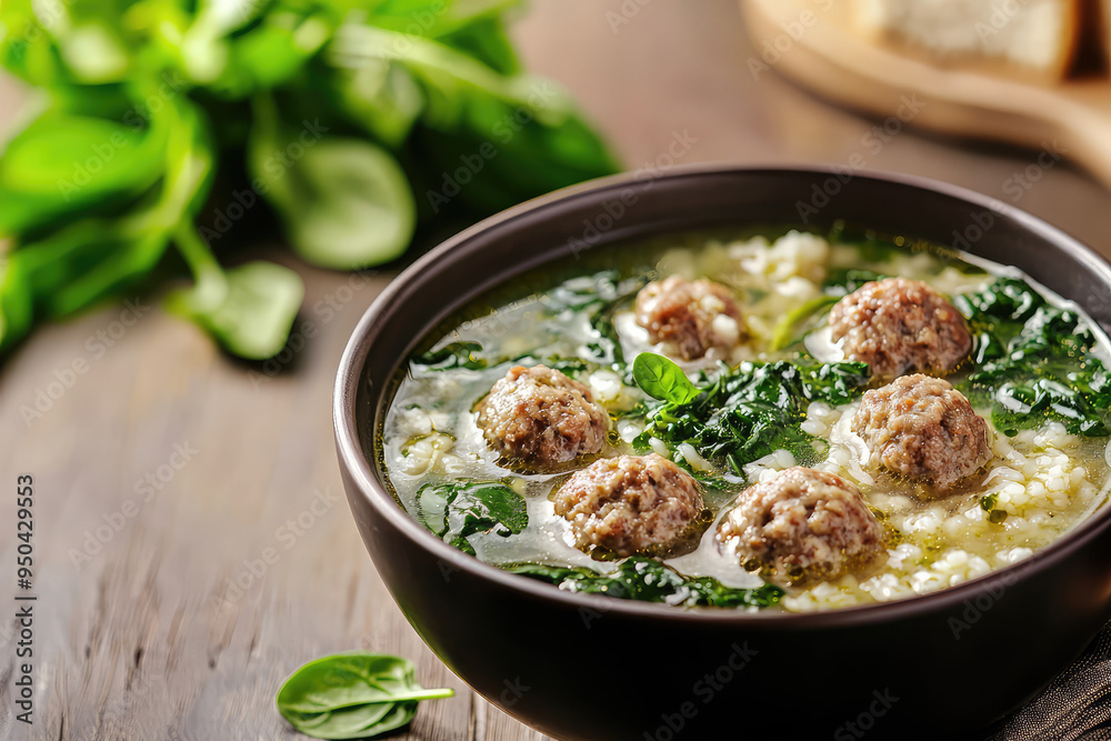 Delight in a Savory Bowl of Italian Wedding Soup with Meatballs and Fresh Spinach for a Cozy Meal Experience! Delight in a Savory Bowl of Italian Wedding Soup with Meatballs and Fresh Spinach for a Cozy Meal Experience!