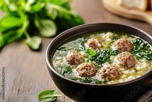 Delight in a Savory Bowl of Italian Wedding Soup with Meatballs and Fresh Spinach for a Cozy Meal Experience!