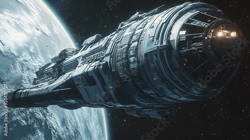 Fototapeta Naklejka Na Ścianę i Meble -  Distant planet with sleek futuristic space station spacecraft docking nearby cool tones metallic finishes highly detailed 3D rendering