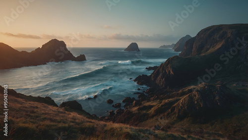 Golden Hour at Land's Embrace: Dramatic coastal vista at sunset, waves crashing against rugged cliffs, a golden sky meeting the vast ocean. 