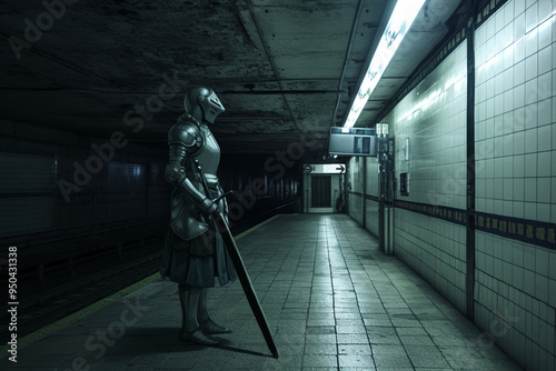 Medieval Knight in Armor Standing in Modern Subway Station at Night photo