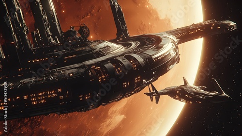 Fototapeta Naklejka Na Ścianę i Meble -  Distant planet with futuristic space station sleek spacecraft docking nearby cool tones metallic finishes highly detailed 3D rendering