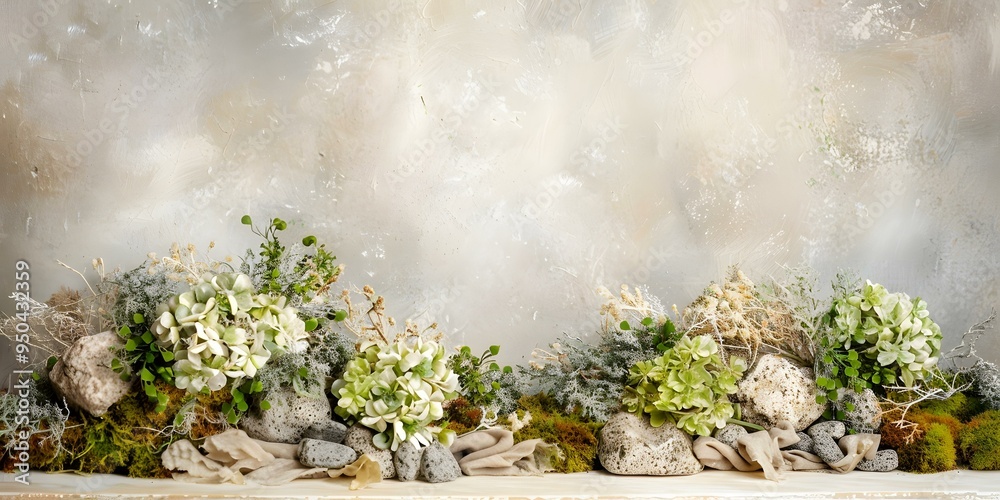 Fototapeta premium Green Flowers And Stones Against A White Wall