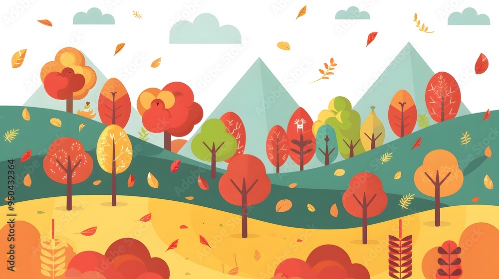 Autumn Landscape Illustration with Colorful Trees Autumn Landscape Illustration with Colorful Trees