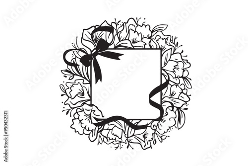 Black line vector ribbon with flower frame. Beautiful floral illustration design on white background