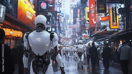 Futuristic Cityscape: Robots Roam the Bustling Streets