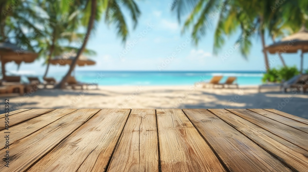 Wooden Plank Perspective of Tropical Beach with Palm Trees and Lounge Chairs Wooden Plank Perspective of Tropical Beach with Palm Trees and Lounge Chairs