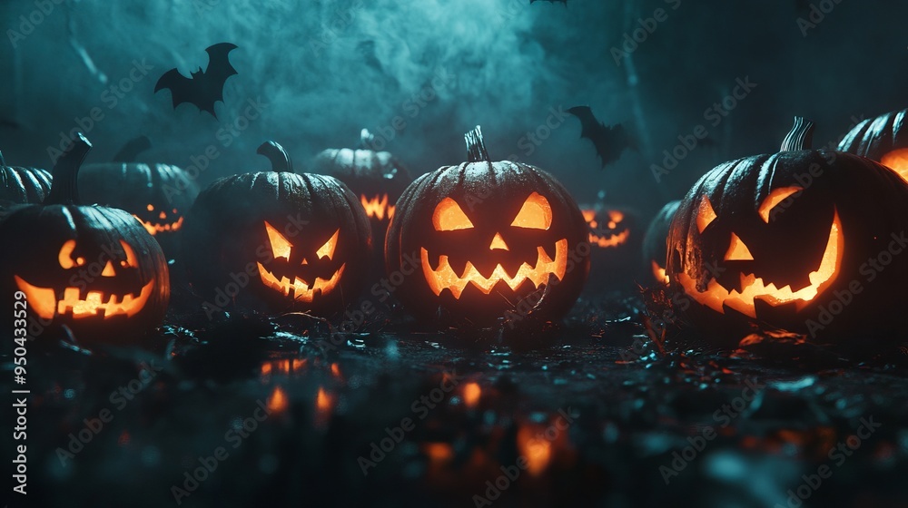 Spooky Jack-O-Lanterns in Dark Halloween Scene. AI generated illustration Spooky Jack-O-Lanterns in Dark Halloween Scene. AI generated illustration