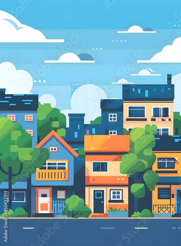 Illustration of a Suburban Street with Colorful Houses and a Blue Sky