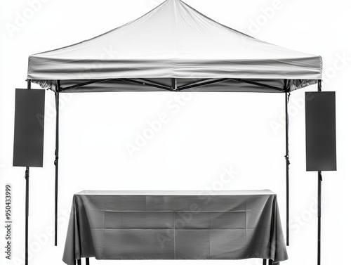 Blank Tent Booth Simple gray canopy table and blank banners ready for your design Isolated white background