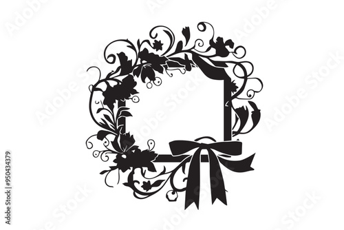 Black Floral frame with ribbon silhouette vector illustration design on white background. photo