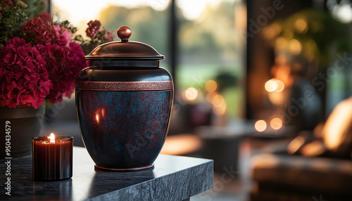 Decorative Urn with Candles and Flowers in Memorial Setting photo