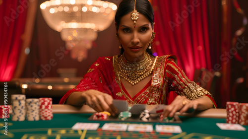 Indian woman presumably a dealer seated at a green poker table photo