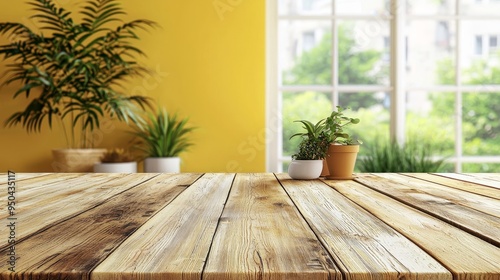 Rustic Wooden Tabletop with Blurred Yellow Wall Window and Plants in Pots Perfect for Product Display or Mockup