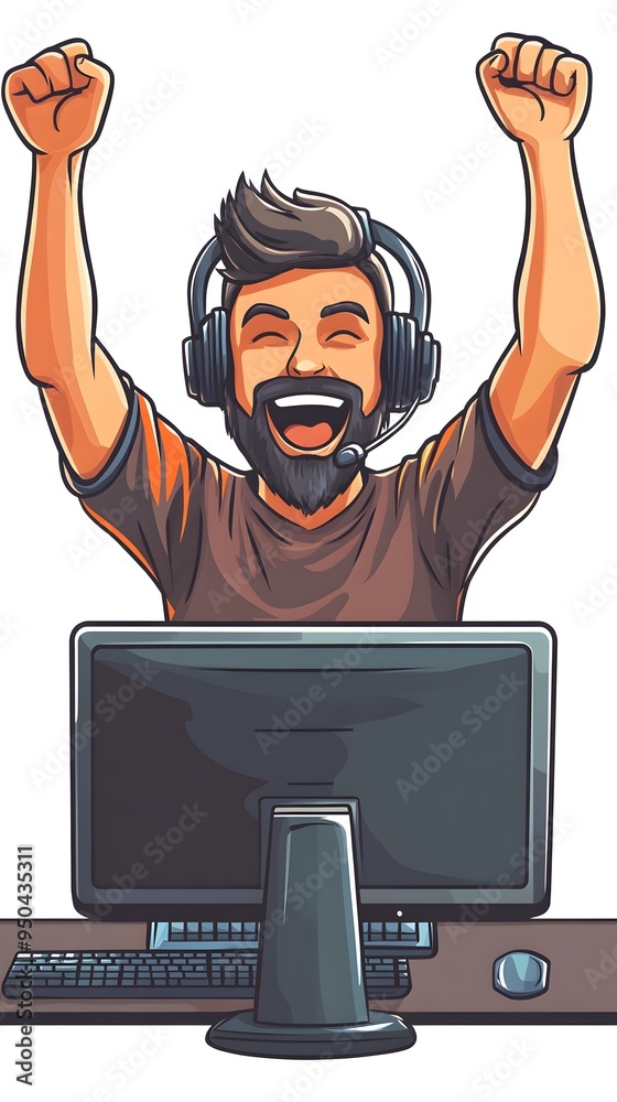 A cartoon-style vector illustration of an excited man sitting in front of his computer, celebrating after winning at video games or esports A cartoon-style vector illustration of an excited man sitting in front of his computer, celebrating after winning at video games or esports