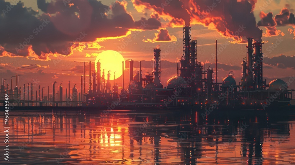 Silhouetted Industrial Complex at Sunset