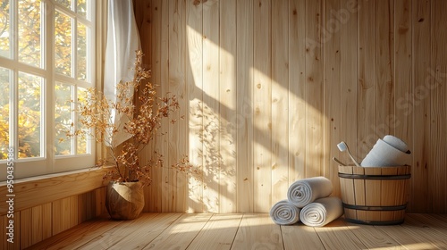 Sunlight bathes a wooden sauna interior casting long shadows on the walls and floor A window offers a glimpse of autumn foliage