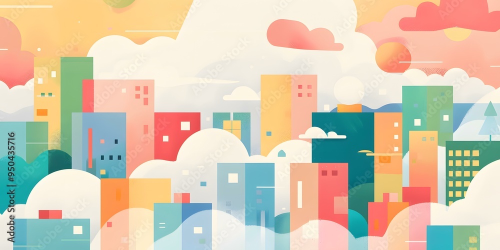 Colorful Cityscape Illustration with Cloudy Sky Colorful Cityscape Illustration with Cloudy Sky