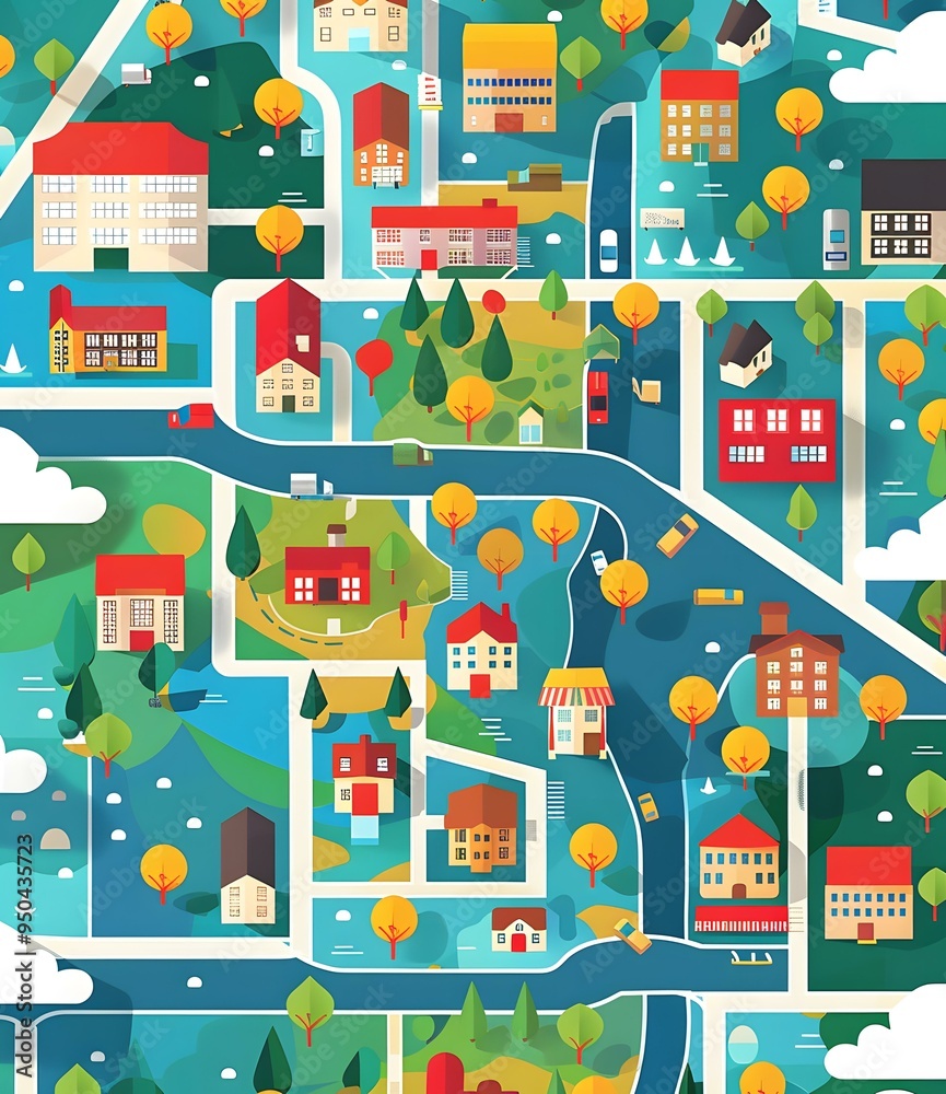 Top View Illustration of a Town with Buildings, Trees, and Roads Top View Illustration of a Town with Buildings, Trees, and Roads