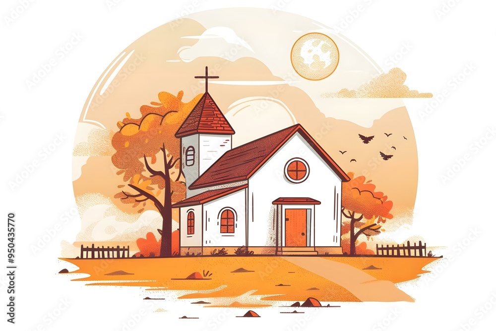 Church Illustration Autumn Landscape White Building Church Illustration Autumn Landscape White Building