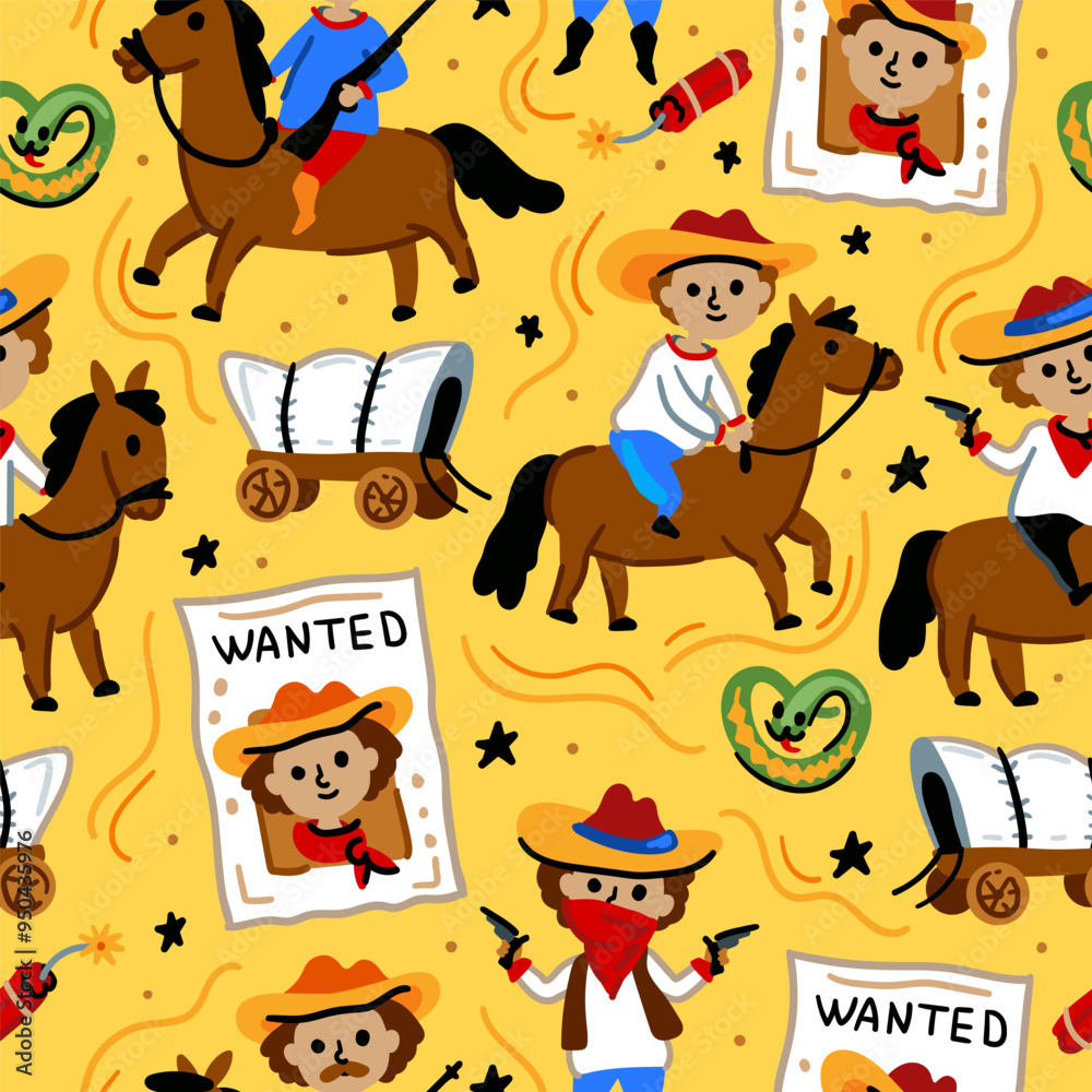 Bright cheerful children seamless vector pattern with American western cowboy from wild west rural Landscape. Childish background. Wild West. Texas. Cheerful characters with animals and plants. Bright cheerful children seamless vector pattern with American western cowboy from wild west rural Landscape. Childish background. Wild West. Texas. Cheerful characters with animals and plants.