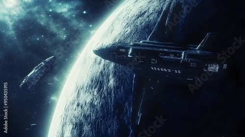 Fototapeta Naklejka Na Ścianę i Meble -  Distant planet with futuristic space station sleek spacecraft nearby cool tones metallic finishes highly detailed 3D rendering