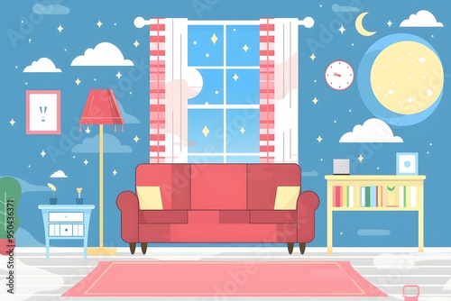 Nighttime Living Room Interior Design with a Red Sofa and a Window with Stars