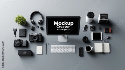 Topdown view of a grey desk with a computer camera and other gadgets Mockup Creator 50 Objects