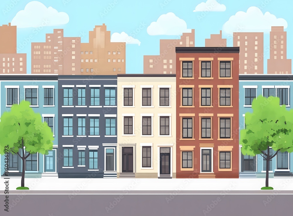 Cityscape Illustration with Row of Colorful Townhouses Cityscape Illustration with Row of Colorful Townhouses