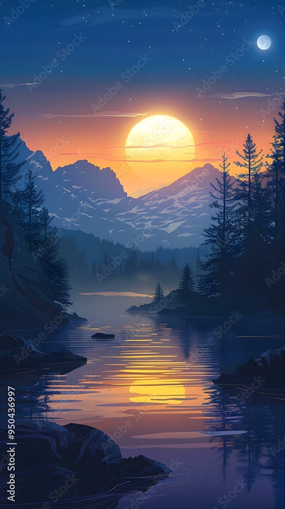 Mountain Lake Sunset with Full Moon