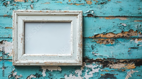 Vintage White Frame Against Weathered Teal Wood Rustic Textured Background Empty Space for Text