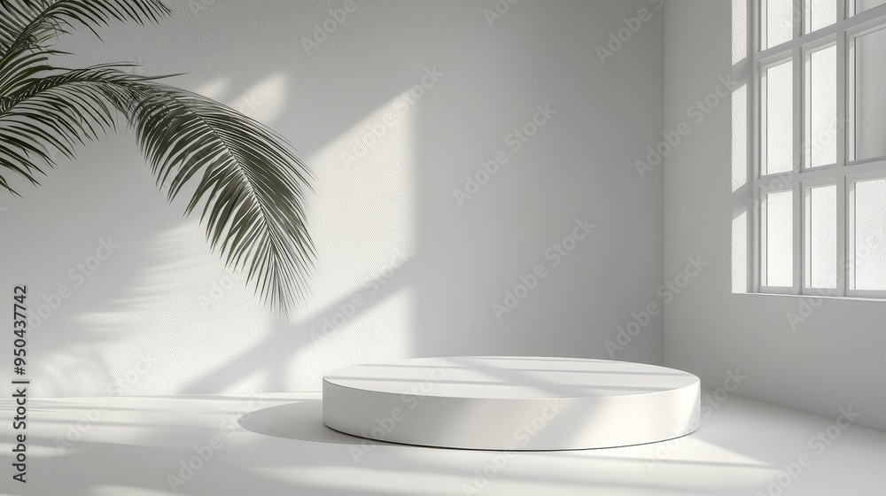 Minimalist White Platform with Palm Leaf Shadow and Window Light 3D Render Minimalist White Platform with Palm Leaf Shadow and Window Light 3D Render
