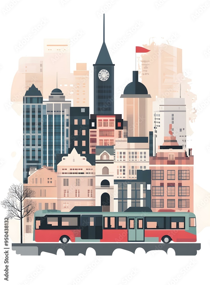 Obraz premium Modern City Skyline Illustration with Bus