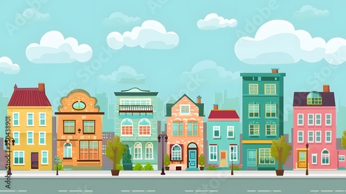 Colorful Cartoon Cityscape Illustration With Row of Houses