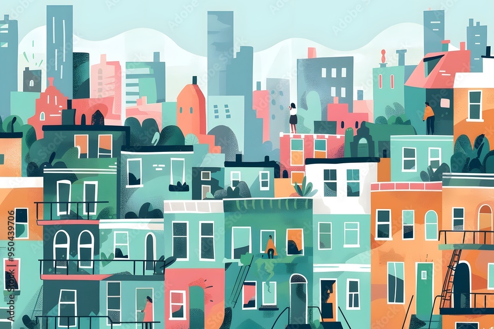 Colorful Illustration of City Buildings with People on Rooftops
