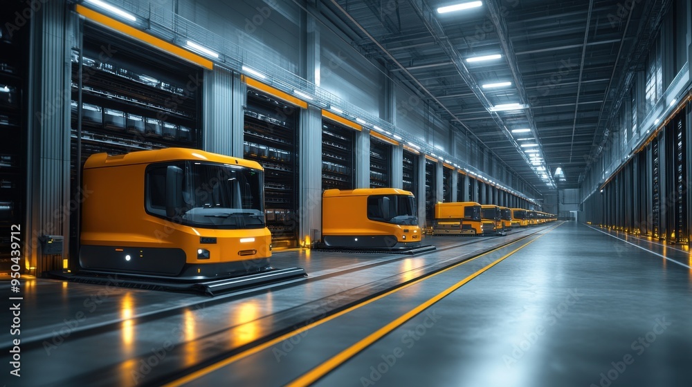 Warehouse robotics technology for automated distribution using orange robots in a modern facility at night. Warehouse robotics technology for automated distribution using orange robots in a modern facility at night.