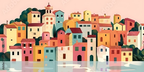 Colorful Illustration of a European Village