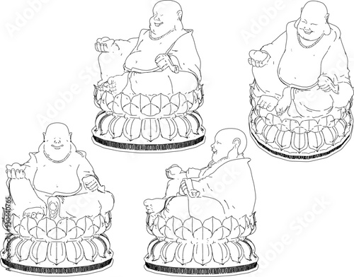 Vector sketch illustration of a smiling buddha ornament design full of wisdom sitting on a lotus flower 