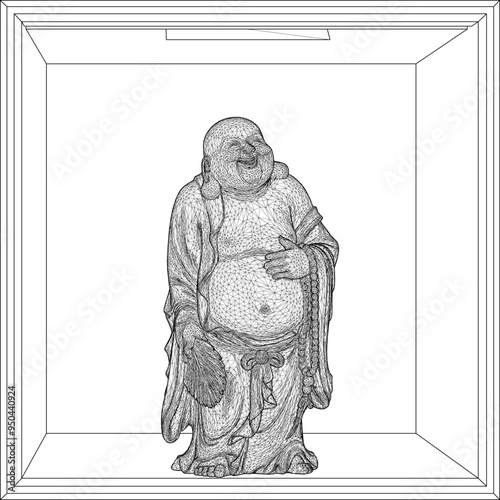 Vector sketch illustration of a smiling buddha ornament design full of wisdom standing holding a fan