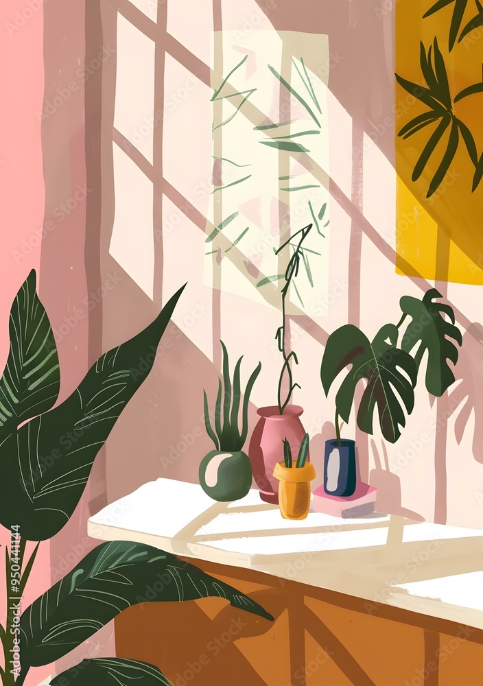 Sunlight Through Window with Plants and Potted Plants Illustration