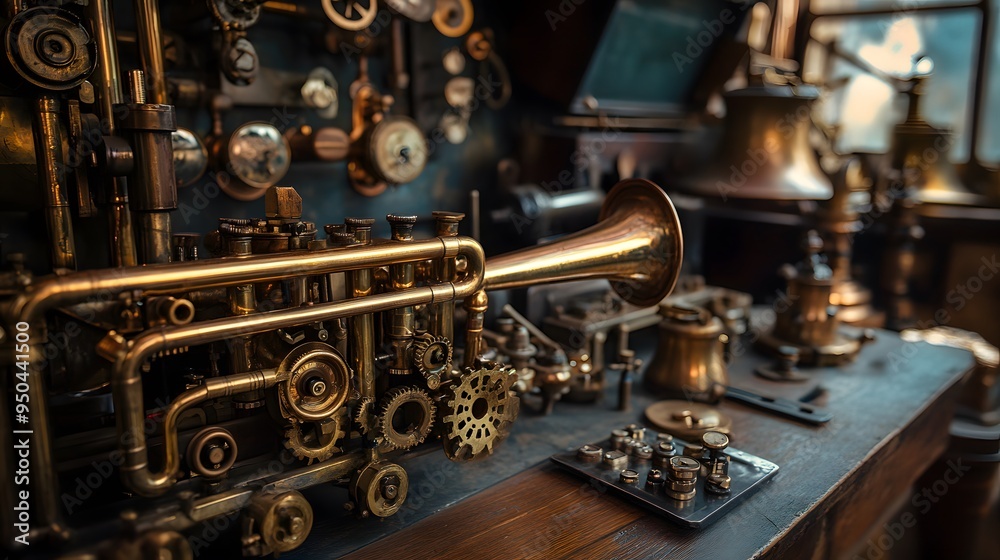 Fototapeta premium Steampunk-inspired workshop gears intricate machinery vintage industrial brass instruments heavy textures