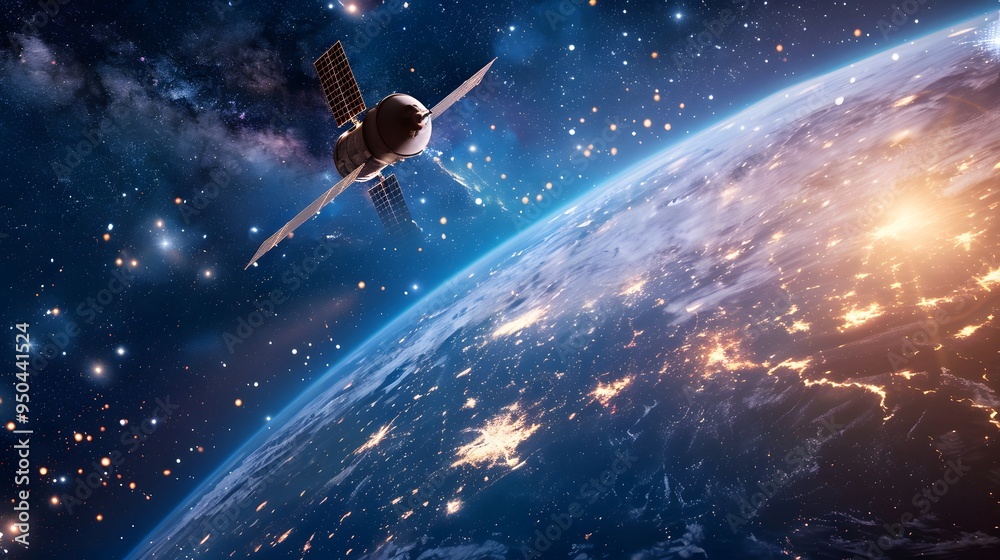 Naklejka premium Satellite Orbiting Earth: A satellite orbiting Earth, with the planet and stars in the background. 