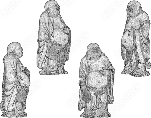 Vector sketch illustration of a smiling buddha ornament design full of wisdom standing holding a fan 